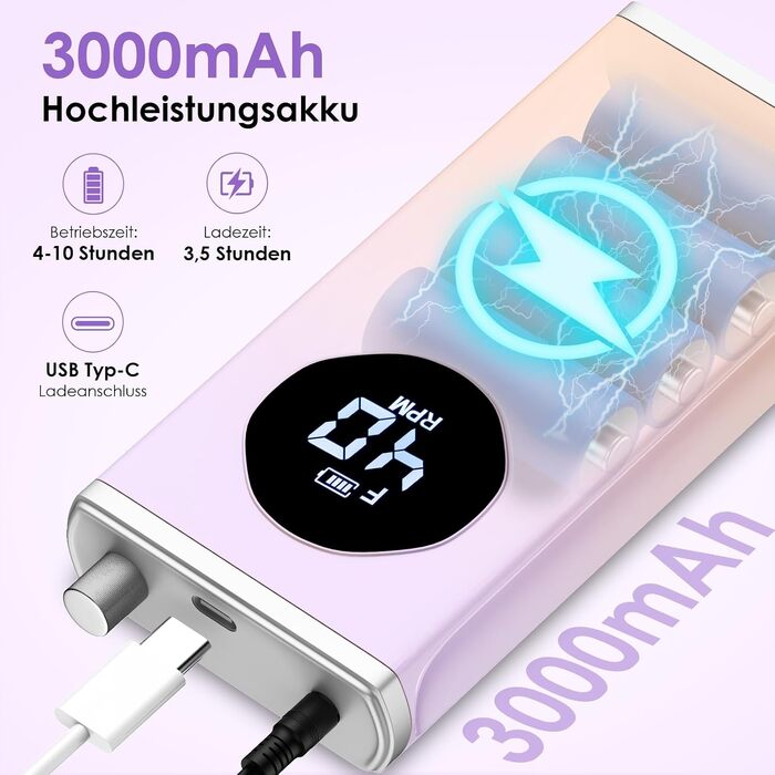 Електричний апарат для манікюру та педикюру HOMEASY Profi 16 в 1, 40000 об/хв, портативний фрезер для гель-нігтів з LCD-дисплеєм, реверсивний, рожево-фіолетовий