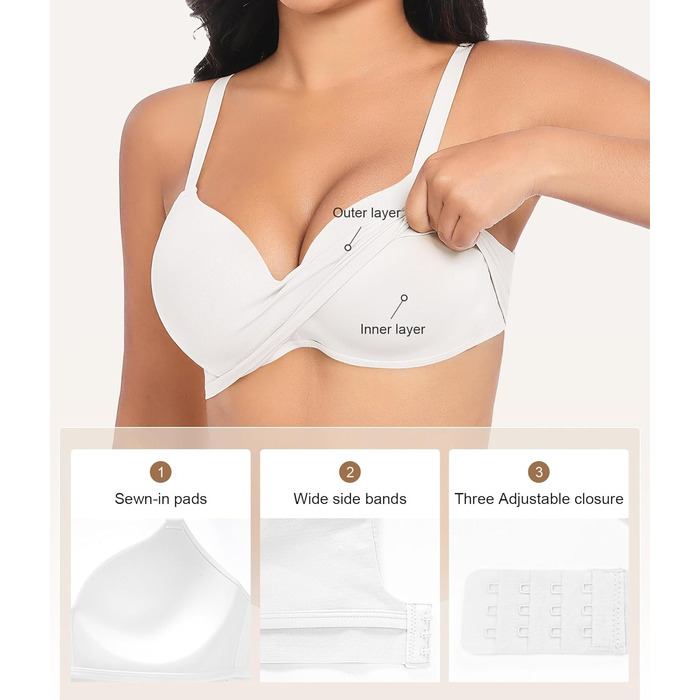 Натлоен ПУХ Up BH: Безкаркашний бюстгальтер для жінок з м'якою підтримкою, подвійний шар чашки, V-подібний виріз, надійний бюстгальтер (Білий, XXL)
