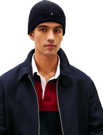 Зимня шапка-біні Tommy Hilfiger TH Flag з бавовни Pima, синя (Space Blue), універсальний розмір