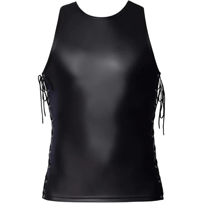 Чоловіча спідня білизна з еластичної шкіри (лак) та шкіряна жилетка. Сексуальний комплект з футболки та топу. Чорний колір, розмір L