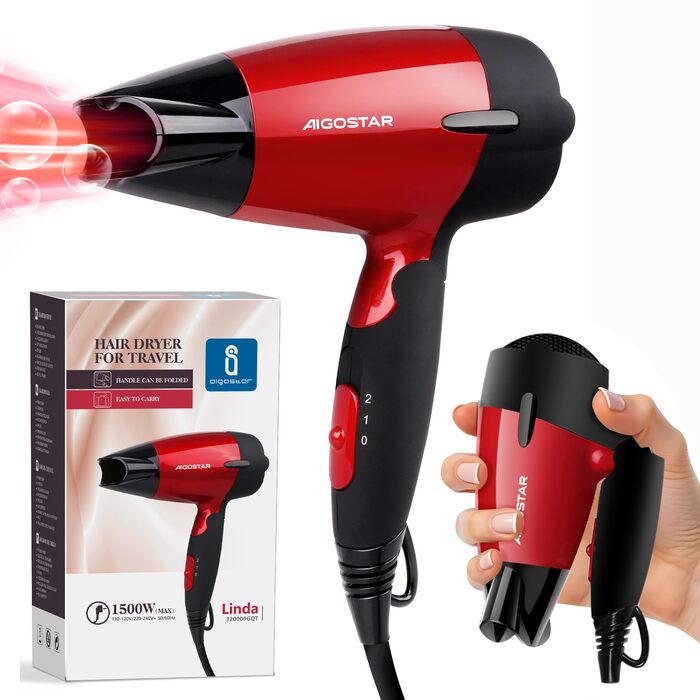 Складаний дорожній фен Aigostar 1500W з подвійною напругою (110-220V), компактний фен для подорожей, легкий (400г), кабель 1.75 м