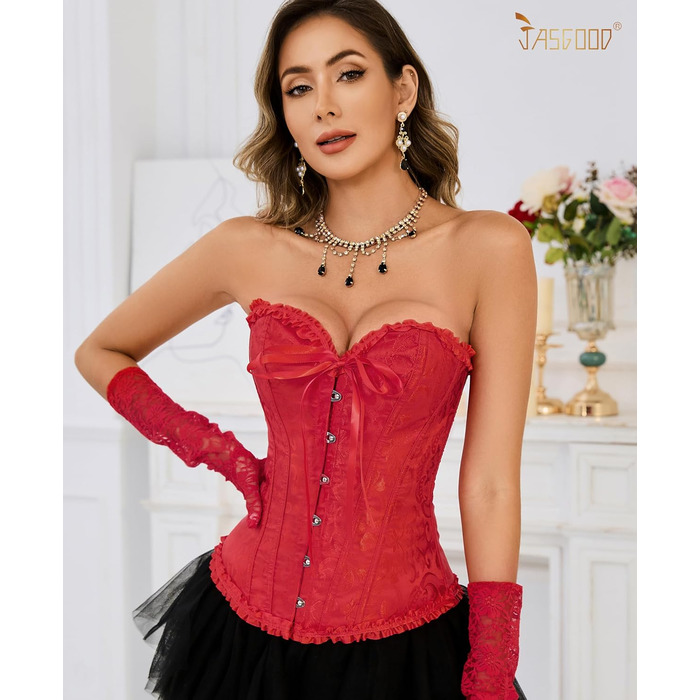Корсетний топ-бюст'є JasGood Daen Vintage Gothic Overbust для повногрудих, шнурівка, червоний, XL — для Хелловіну та карнавалів