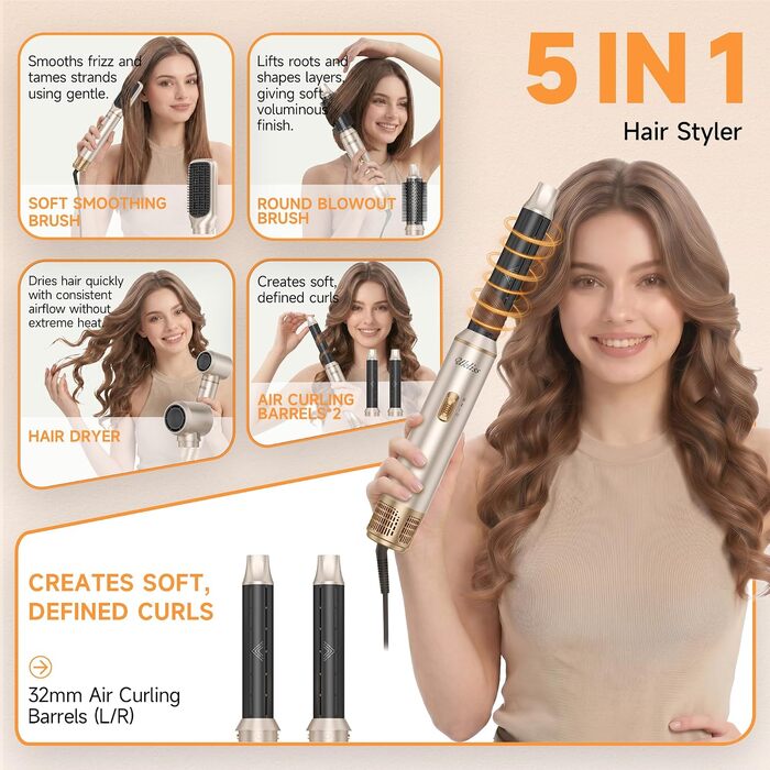 Мультистайлер для волосся 6 в 1 UKLISS Air Styler Set: фен-щітка, вирівнювач, локони та дифузор, 1000 Вт, LCD-дисплей, сріблясто-золотий