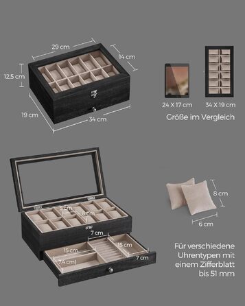 Бокс для годинників SONGMICS GISELLA з масиву дерева на 12 слотів, скринька для зберігання прикрас зі скляною кришкою, колір ебеново-чорний, JOW008K01