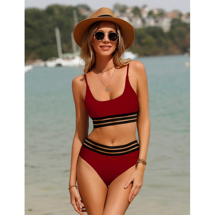 Бікіні Daen Bikini Set: двочастинний купальник пуш-ап з високою талією, спортивний дизайн, для жінок (L, Бордовий)