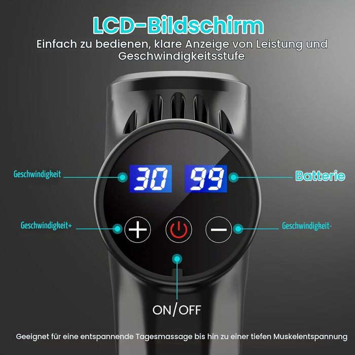 Перкусійний масажер для м'язів та фасцій з LCD-дисплеєм, 30 рівнів інтенсивності, 10 масажних насадок, акумулятор 2500mAh, електричний