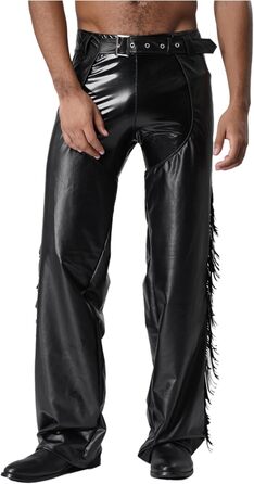 Чоловічі шкіряні лосини з ефектом мокрого блиску, відкриті штани, косплей каубой, чaps, лосини з бахромою, еротичні, чорні, 3XL