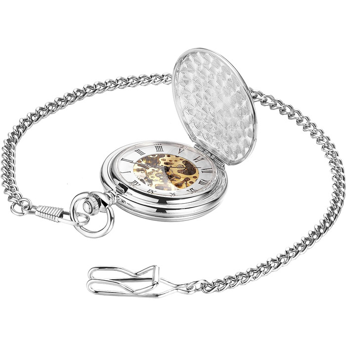 Чоловічий кишеньковий годинник ShoppeWatch з ланцюжком, механічний з ручним заводом, вінтажний стиль стімпанк 1920-х років, сріблястий
