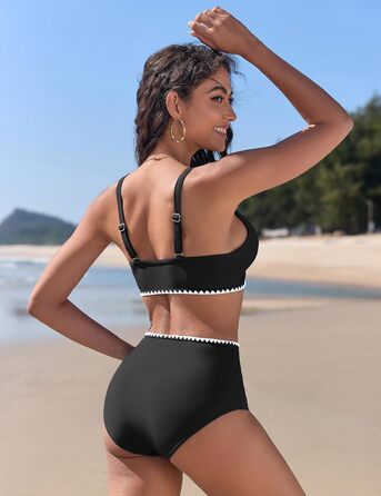 Бікіні жіночий комплект з V-подібним вирізом, двочастинний, з пуш-ап, висока талія, купальник сексуальний з білою мереживом, чорний, розмір S