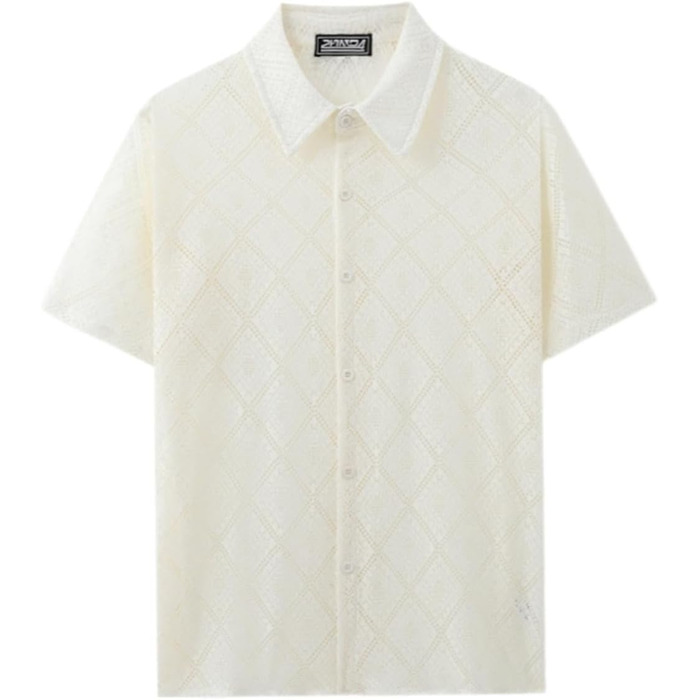 Чоловіча сорочка SOOUICKER з мереживом, коротким рукавом, прозора, в стилі vintage, для відпочинку та вечірок, біла