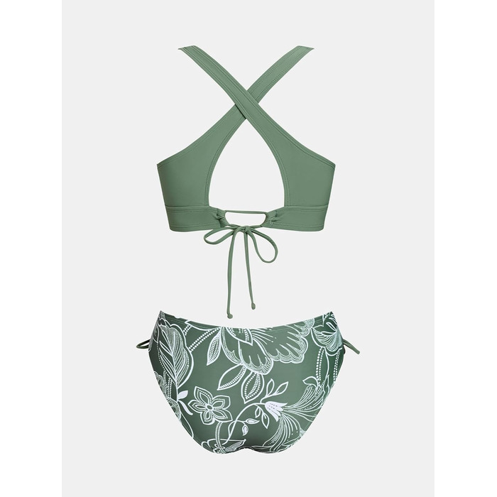CUPSHE БІКІНІ Daen: Комплект з V-подібним вирізом, шнурівка, низька талія, двокомпонентний купальник, оливково-зелений/блакитний (XS, квітковий Eukalyptusgrün/Weiß)