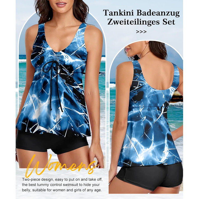 Танкіні жіночий купальник з високою талією, шорти, push-up, блакитний, XL