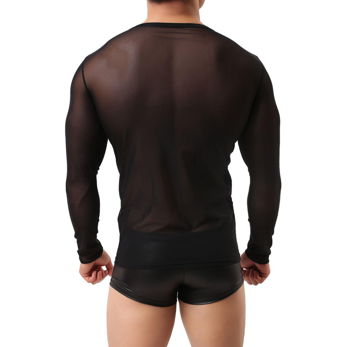 Чоловіча прозора чорна майка з довгим рукавом - нічна сорочка, сексуальна білизна, обтисла футболка з еластичних волокон, чорна майка-сітка L-XL