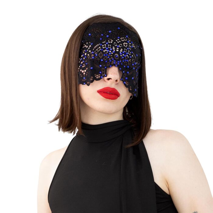 Ручна вишита мереживна маска на обличчя з каміння для жінок, чорна маска для маскараду, балу, карнавалу, весілля, бурлеску, косплею, Марді Гра (чорний колір з блакитними камінцями)