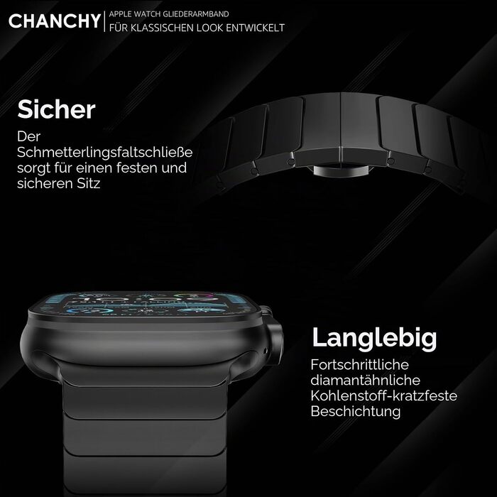 Сталевий ремінець-браслет CHANCHY для Apple Watch Ultra 2/1, Series 11/10/9/8/7/6/5/4/3/2/1, SE — металевий замінний ремінець, чорний, 38/40/41/42mm