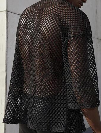 Чоловіча прозора блуза з довгим рукавом Panegy, мереживна сорочка, сітчаста, облягаюча, чорна, розмір L