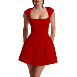 Жіноче міні-плаття LuFeng з квадратним вирізом, рукавами-крилами, повною підкладкою, блискавкою, силуетом А, для вечірок та клубів, сучасне, червоне/подорож, однотонне (Getaway Solids)