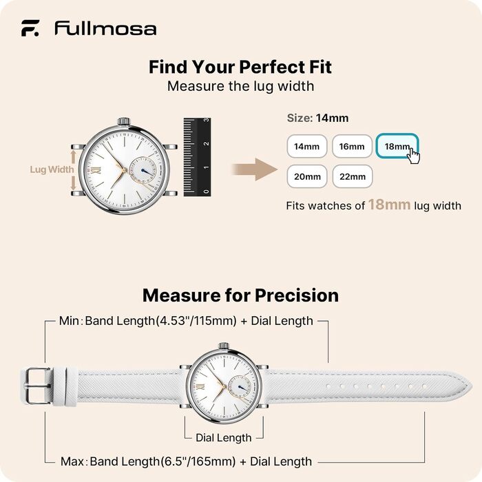 Шкіряний ремінець Fullmosa 18мм для Garmin Vivoactive 6/5/4, Venu SQ та Samsung Galaxy Watch 7/6/5/4 FE, Classic, Pro (Білий, срібляна застібка)