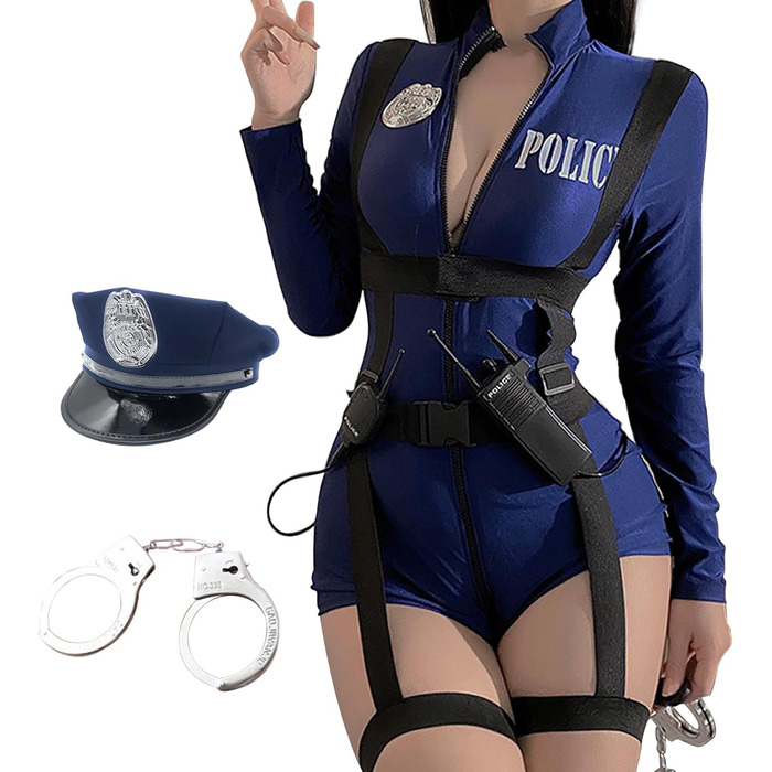 Костюм поліцейського 3-в-1 BDSMJOY для жінок, сексуальний косплей, аксесуари: наручники, шапка (блакитний, XXL)