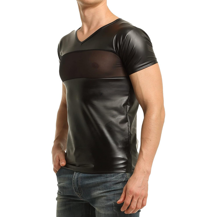 Чоловіча сорочка з ефектом латексу та вставками з сітки XL