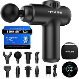 Перкусійний масажер FITAGE Massage Gun — Міні-масажна пістолет з 30 рівнями швидкості, 8 насадками для глибокого масажу м'язів спини, плечей та всього тіла, чорний