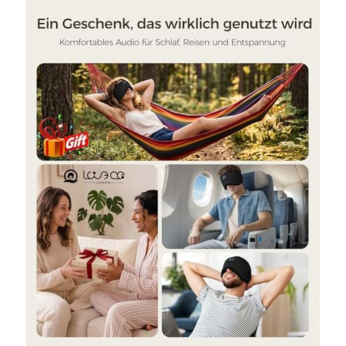 Bluetooth маска для сну LOVE EYE для тих, хто спить на боці, з ультратонкими навушниками, дихаюча бавовняна тканина, чорна