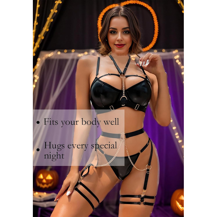 Сексуальна спідня білизна від Aucute Strapsen: бюстгальтер з кісточками та труси з ланцюжком, 6-частинний комплект, чорний