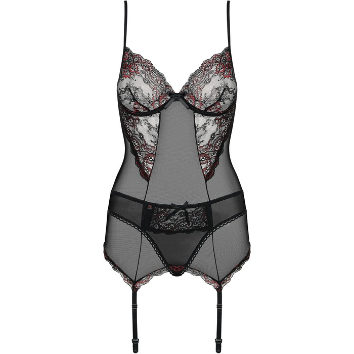 Ефектний комплект нижньої білизни Obsessive: корсет-боді з стрінгами та супортниками, S-M, чорний/бордовий