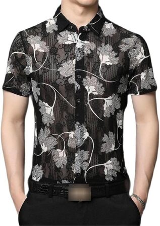 Чоловіча сорочка з квітковим мереживом, прозора по краю, літня, з короткими рукавами, облягаючого крою, для клубу та вечірок, прозора, чорна