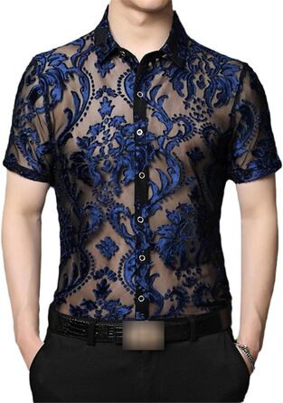 Чоловіча сорочка Yeuyyben з прозорою вставкою, літня, з короткими рукавами, дихаюча, для вечірок та клубів (L, Синій)