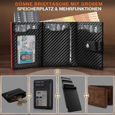 Чоловічий шкіряний гаманець TENBST з RFID-захистом, монетницею та відділеннями для 8-10 карток, Slim Wallet (Чорний та Помаранчевий/Червоний)