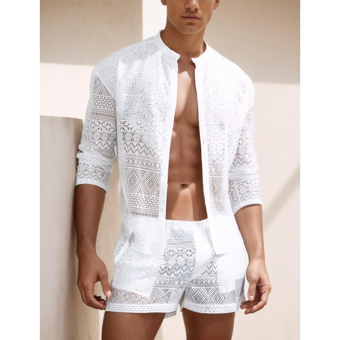 Panegy Комплект чоловічий: мереживчата шорти та сорочка з прозорої сітки, на ґудзиках, білий (S)