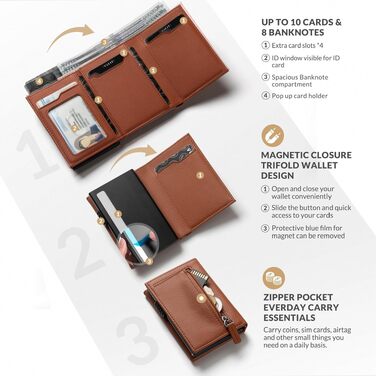 Шкіряний гаманець-картхолдер VULKIT з RFID-захистом, Pop-Up системою, відділенням для купюр, монет та вікном для ID (Sepia)