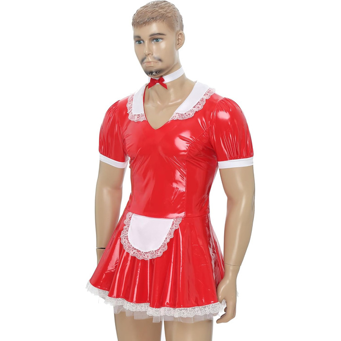 Костюм покоївки Inhzoy для чоловіків: червоне лакове плаття з нашийником, комплект для вечірки, карнавалу, Хелловіну, косплей, розмір XXL