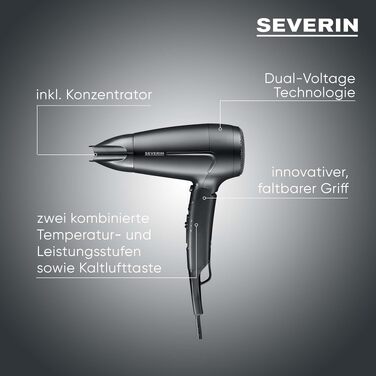 Фен для волосся Severin HT 0165 з автоматичним змотуванням кабелю, 2100 Вт, з дифузором та концентратором, чорний