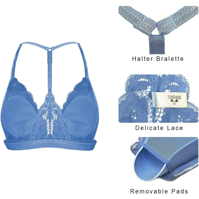 SHEKINI Безшовний бюстгальтер без кісточок з застібкою спереду, бралетт, мереживний, трикутник, з підкладкою, сексуальний топ-кроп, білий (синій, XL)