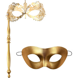 Маска для карнавалу та Хелловіну JewelryWe венеціанська пара з держаком, металева, зі стразами (Золота)