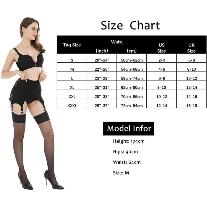 Жіночий корсетний пояс KLONKEE з 6 гачками, широкі мереживні шорти-тримачі, мереживні панчохи-тримачі з 6 регульованими металевими затискачами, чорний