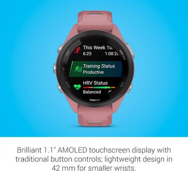 Спортивний смарт-годинник Garmin Forerunner 265S AMOLED, 42мм, світло-рожевий та пудрово-сірий — тренувальні метрики та аналіз відновлення