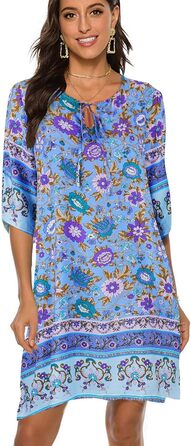 Сукня-туніка BDTECAOR Vintage Ethnostil блакитна бохо V-подібний виріз 3/4 рукав пляжна сукня зелений колір (M, Peri)