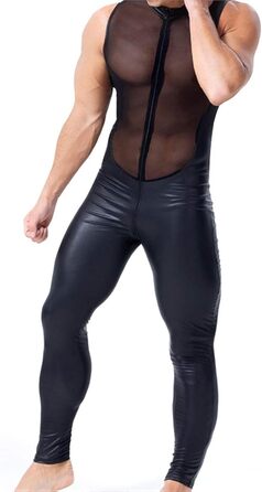 Боді з латексу для чоловіків, чорний, XL. Латексний костюм з сіткою, цілісний, з довгими рукавами, для клубів, штучна шкіра.