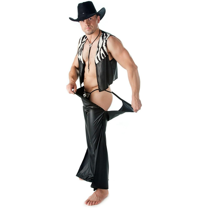 Сексуальний чоловічий костюм Andalea Wetlook Cowboy Set (трійка): стрінги, жилет, чaps, штани XXL/XXXL