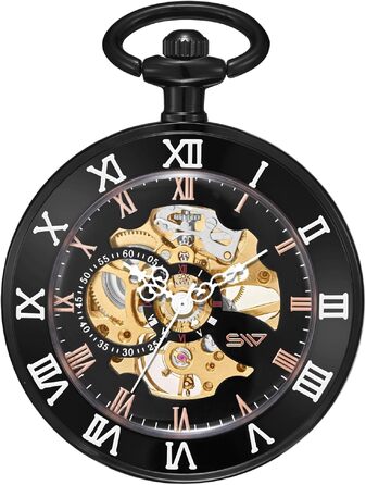 Механічний кишеньковий годинник ShoppeWatch для чоловіків з ланцюжком, ручний завод, прозорий циферблат у стилі стімпанк (чорний)