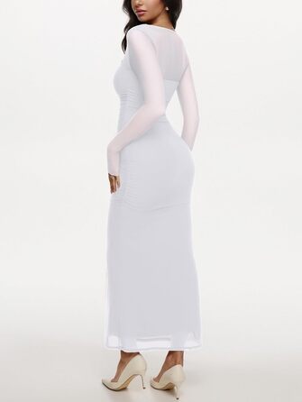 REORIA Максі-сукня для гостей на весілля: довга, з довгими рукавами, прозора сітка, квадратний виріз, обтягуюча, біла, XS