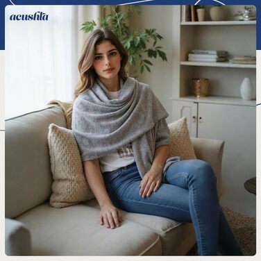 Жіночий шарф-пашміна ACUSHLA з 100% мериносової вовни, трикутна хустка-пончо стола (світло-сірий, 185x70 см)