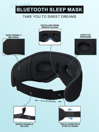 Маска для сну з Bluetooth-навушниками LC-dolida V5.4, 3D дихаюча бавовняна маска для очей з мікрофоном, миюча, для подорожей, йоги та медитації, чорна