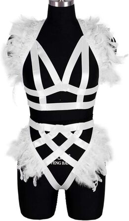 Жіночий корсет з пір'ям BBOHSS – набір аксесуарів для тіла, готичний стиль, Burning Man, білий (30)