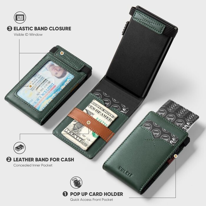 Стильний мінімалістичний гаманець-картхолдер VULKIT з RFID-захистом та Pop-Up механізмом, відділенням для ID-картки, на 8 карток (Зелений)