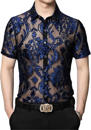 Чоловіча сорочка Sawmew, сітка, прозора, коротка, для клубів, мереживна, блакитна S