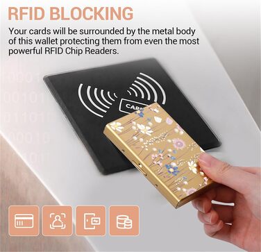Металевий картхолдер з RFID-захистом від скіммінгу, ультратонкий гаманець для банківських карток (6 слотів, золото, з квітковим принтом) для жінок та чоловіків